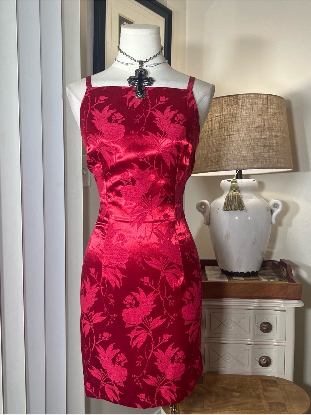 Vintage Satin Brocade Floral Mini Dress